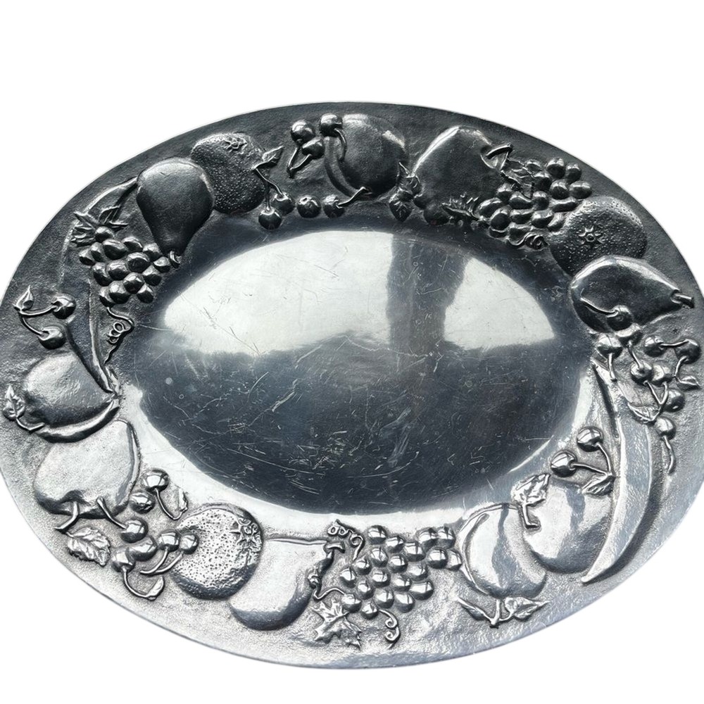 Vintage Wilton Armetale Large Oval Serving Platter Tray Dish w/ Fruit Design 20"